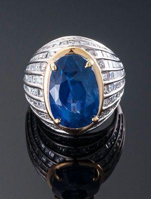 Sapphire Platinum & 18kt Yellow Gold Ring with baguette accent