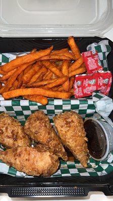 Honey garlic Amaze Ball combo with sweet potato fries.