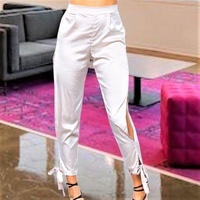 Satin Taupe Pants with Tie Bottom and Side Slits - Totally Chic!