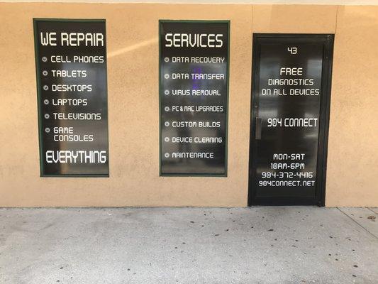 New front window vinyl displaying the technical services we provide!