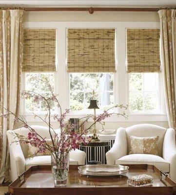 Décor style with Bamboo shades, Custom drapery, and  Custom accent pillows