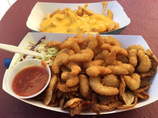 Ok Cheese fries and excellent homemade chips, with yummy crispy shrimp  and cold slaw.