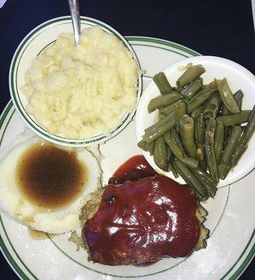 Meatloaf lunch special - mashed potatoes, green beans, and corn casserole