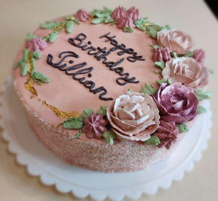 A recent order: Chocolate cake with a light chocolate buttercream with shaved white chocolate in between the layers.