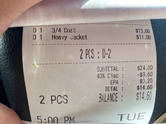 Receipt for one coat and jacket