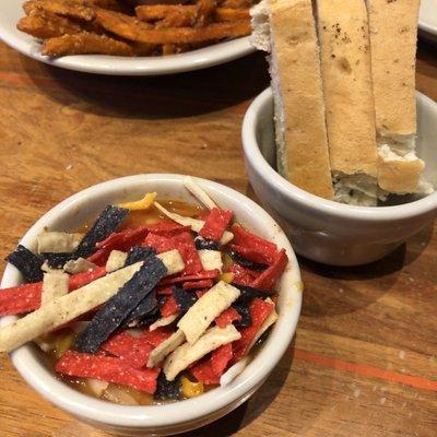 Chicken corn tortilla soup with focaccia bread