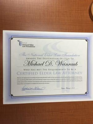 Michael D. Weinraub is certified as an Elder Law Attorney by the A.B.A. approved National Elder Law Foundation