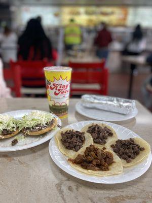 Sopes. Tacos de carne asada and taco al pastor.