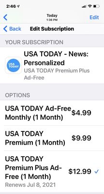 USA Subscription Options (showing $12.99/mo active subscription that USA Today cannot find.