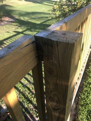 Boards are supposed to meet at the top of post. Separating due to rusted nails and uneven spacing of nails.