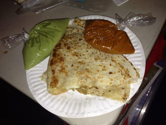 Best quesadilla you can ever eat (guacamole, chile rojo)