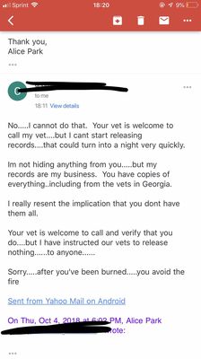 Email 4 of 7 regarding Cassie's vet records. Why wouldn't you release a dog's records to its new owner??