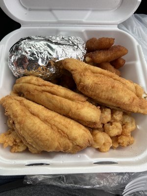 Baby Flounder & Popcorn Shrimp with Baked Potato