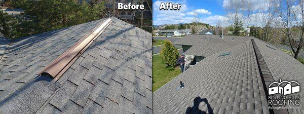 This roof had worn 3-tab shingles and a metal ridge vent the owner wanted to upgrade. This new ridge vent matches the rest of the roof.