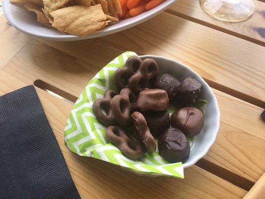 Chocolate! Salted Carmel chocolates and chocolate covered pretzels