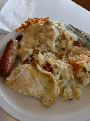 Hash browns and gravy, sausage, egg