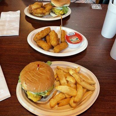 Burgers, onion rings, fries, mozz sticks