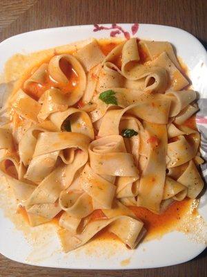 The fully cooked garlic and chive pappardelle.  Notice the chives within the pasta.