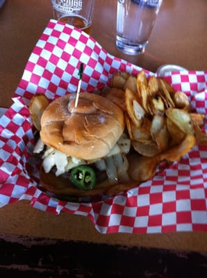 "Fat Frogg" burger with jalapenos, grilled onions, sauteed mushrooms, and pepper jack.