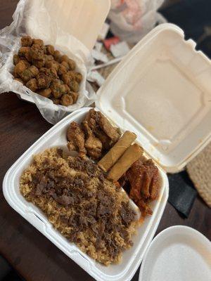 Honey lemon pepper wings, honey hot lemon pepper wings, beef fried rice, spring rolls, fried okra, and lemonade.