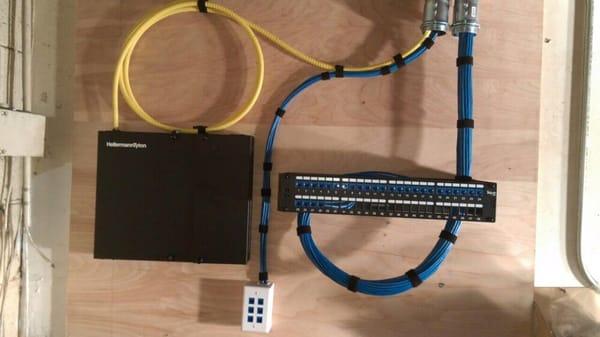 Single mode fiber backbone with a six port copper backup. A 48 port modular patch panel for data voice and wifi connections.