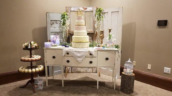 Buffet table and antique doors wedding table display