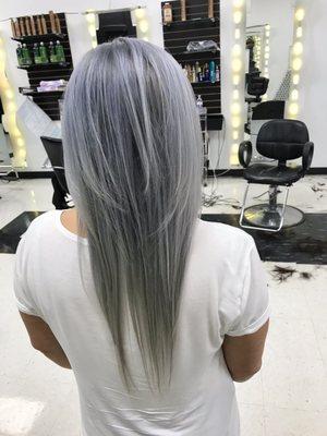 Silver gray hair color and trim