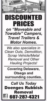 Discounted prices on campers, travel trailers and motorhomes that are in movable and towable condition