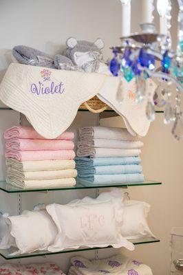 Monogrammed keepsake quilts & pillows for baby.