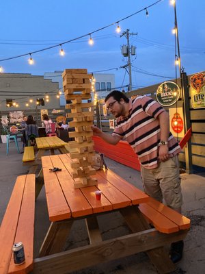 Jenga and bags in the beer garden.