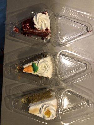 Pineapple Cake Slice, Red Velvet Cake Slice, and Carrot Cake Slice