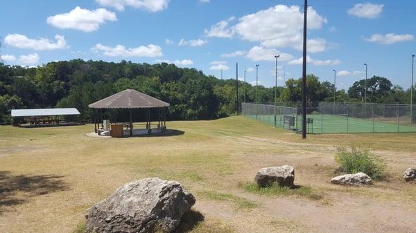 (L to R) Rifle range, Pavilion, tennis court. Further to the right (beyond the pic) is the corral and barn.