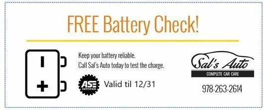 Car Slow to turnover? Sal's will perform a FREE Battery Check! Call for appointment. MENTION OFFER.