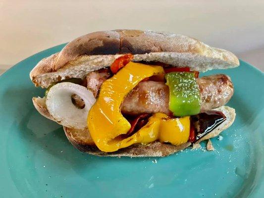 Sausage & Peppers on a Venice Bakery Portuguese Roll