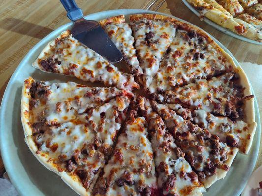 Double beef pizza.