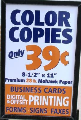 8.5" x 11" color copies on 28# Mohawk start at only 39 cents per side. Quantity discounts available!