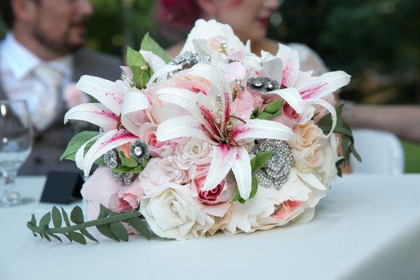 Bridal Bouquet of paper roses, paper peonies, and paper stargazer lillies