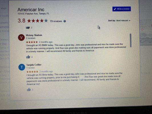 Screen shot of 2 individual but almost identical reviews.