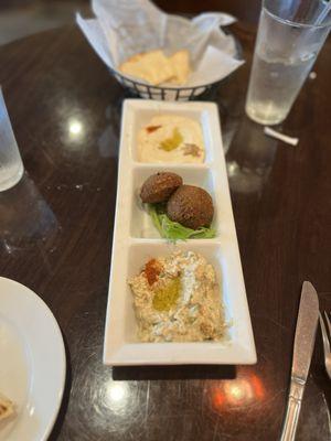 Hummus ,baba ghanoush, falafel.