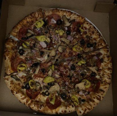 Supreme pizza minus jalapeños minus green peppers