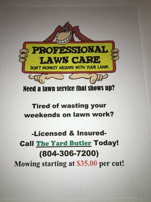 The yard butler lawn care of Ashland Virginia 23005 flyer