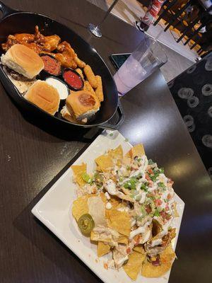 Loaded chicken nachos and sampler