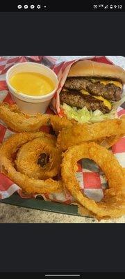 Hilltop double cheeseburger and home made onion rings