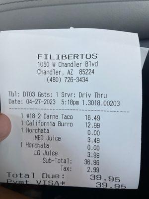 receipt California Burrito Carne Asada Taco Horchata