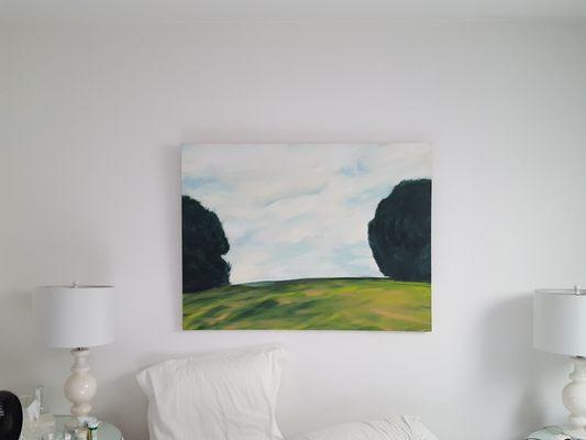 Art work by Garen Patterson of Patterson Painting and Decorating hanging in a bedroom. The "Sonoma" look.