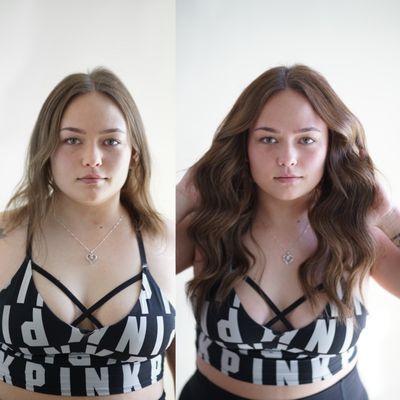 Before and after Bellami hair extensions