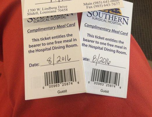 Complimentary meal coupons and patient code (for checking on your loved one in a discreet manner)