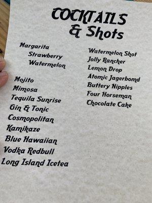 Trailer Park drink menu