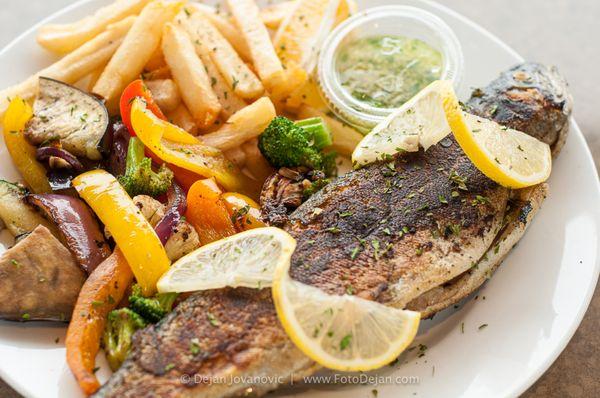 Main Menu - Grilled Trout with grilled veggies and fries on side