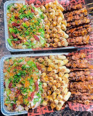 TRIPLE THREAT (Pansit + Lumpia + Pork BBQ Skewers)